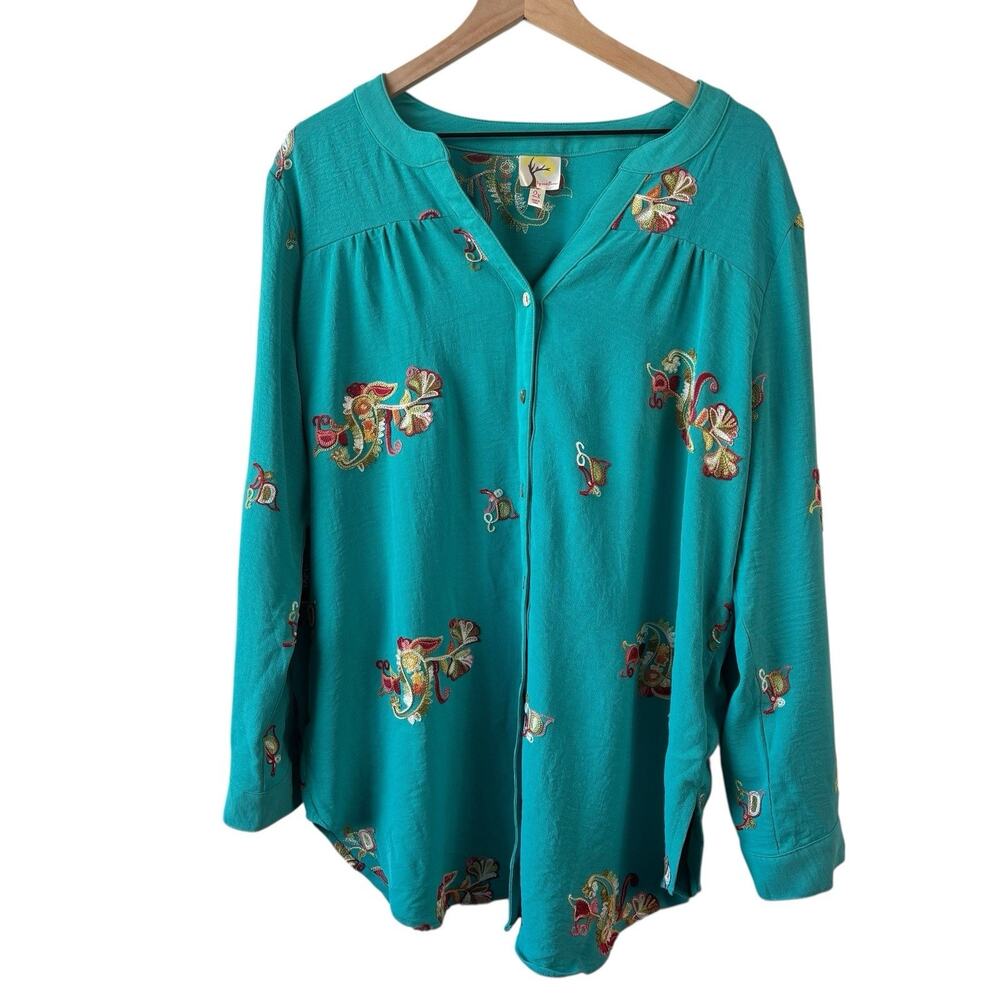 Anthropologie Fig And Flowerā Top 2X Teal Green Boho Peasant Floral Embroidered